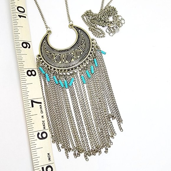 Southwest Tribal Modern Silver Long Fringe Turquoise Accent LONG 40" Necklace - Picture 4 of 7